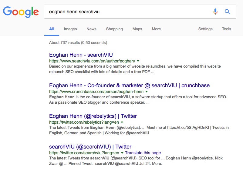 Вот результат поиска по поисковому запросу «eoghan henn searchviu» до того, как мы добавили канонический тег с GTM: