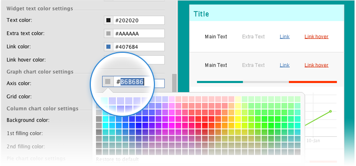 Выберите схему из списка или нажмите +, чтобы создать собственную, и выберите цвета для каждого элемента в отчете