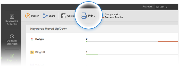Печать отчетов в SEO PowerSuite очень проста - просто нажмите кнопку « Печать» , чтобы распечатать его прямо из приложения, даже не сохраняя файл